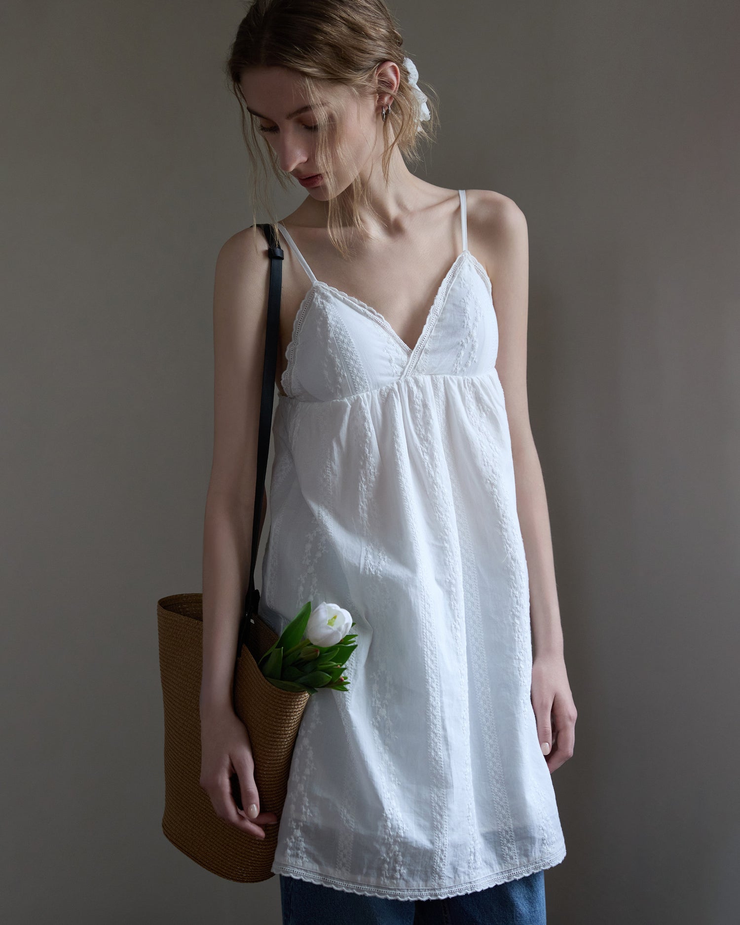 Women's Embroidered Cotton Dress with Padded Bralette